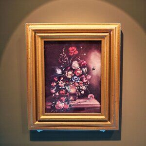 Vintage Flemish Floral Still Life Mini Art Print Italy Gilt-Look Frame 1950s